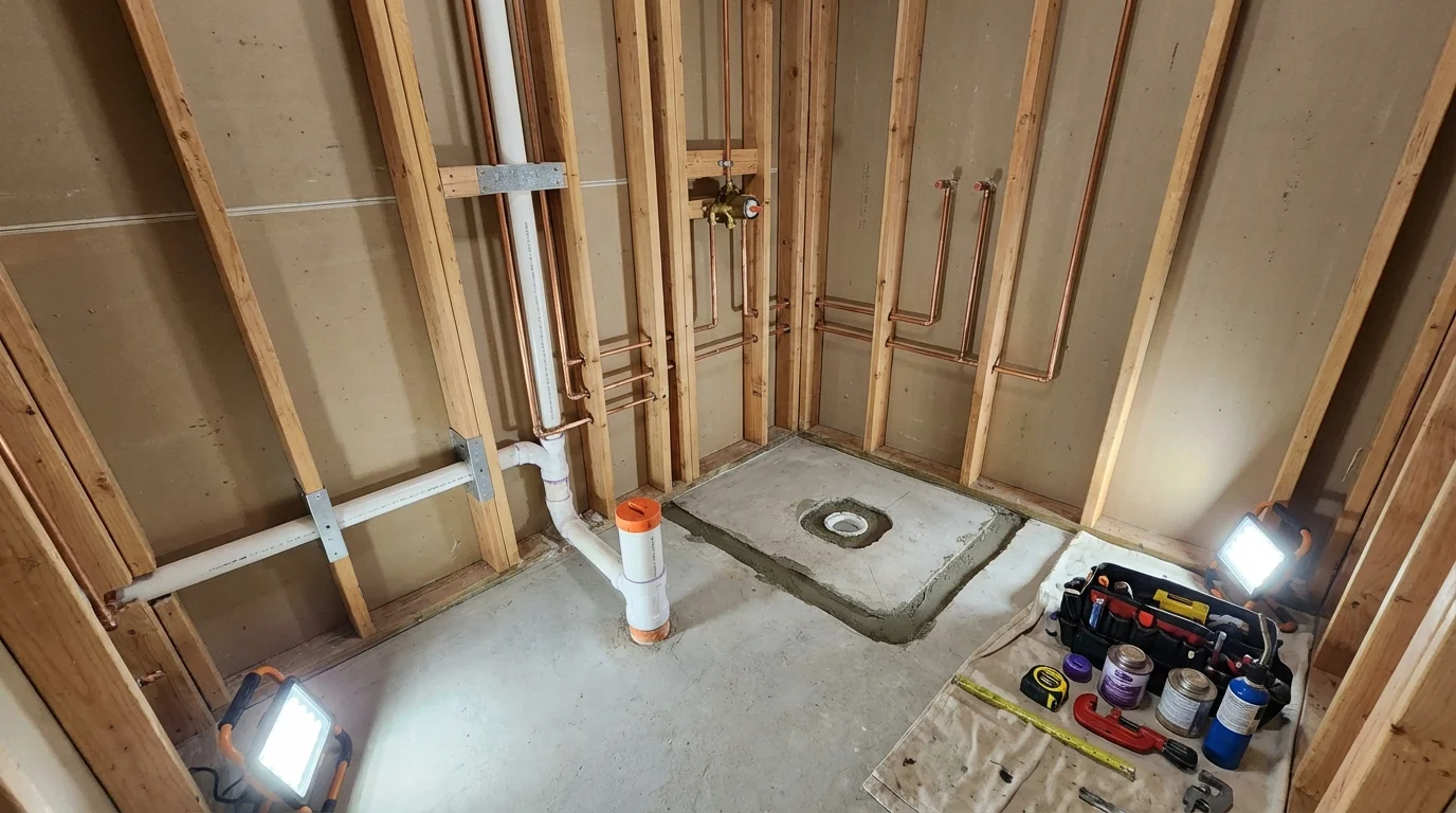 Bathroom rough-in plumbing during remodel by Johns Plumbing LLC in Floresville