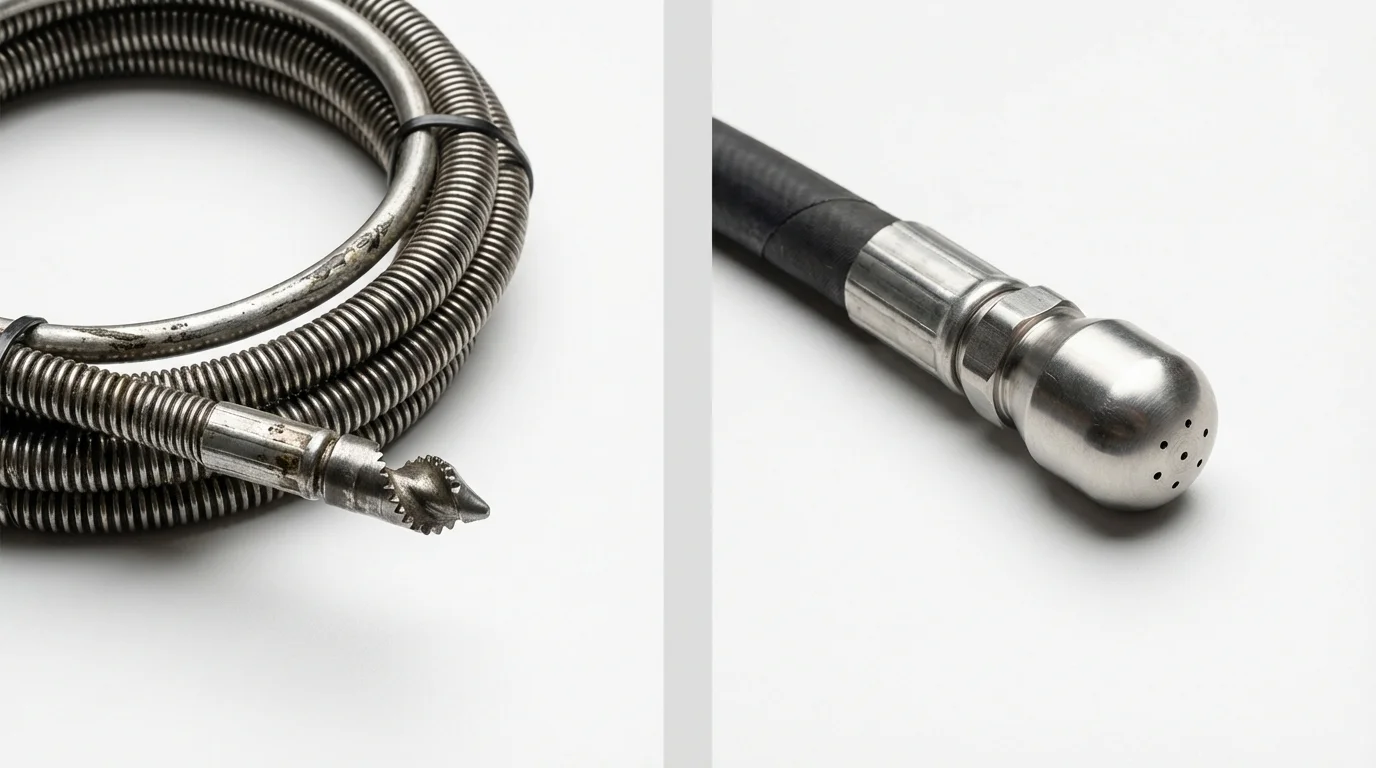 Drain snake cable and hydro jetting nozzle used for drain cleaning in Floresville, TX