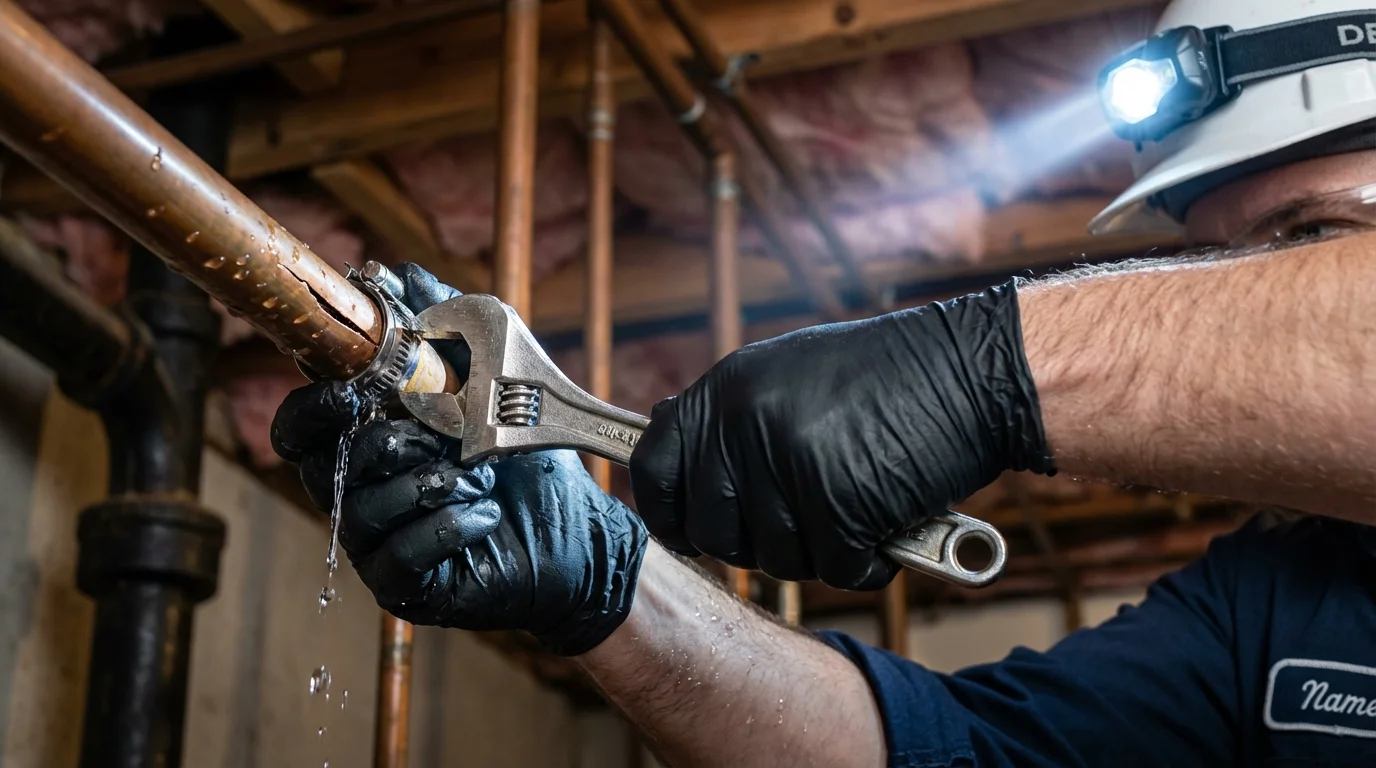 Emergency pipe clamp repair being performed by a Johns Plumbing LLC plumber in Floresville