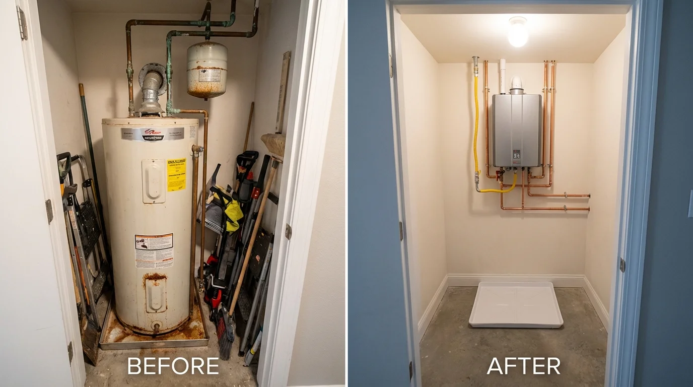 Tank water heater versus wall-mounted tankless unit comparison for Floresville, TX homeowners