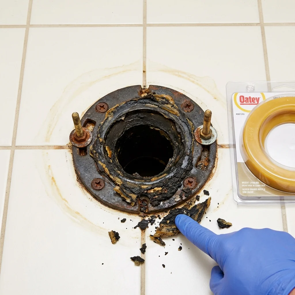 Failed wax ring showing water seepage at the base of a toilet in a Floresville, TX home