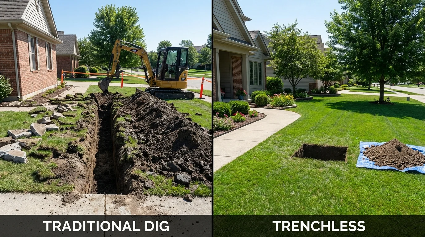 Trenchless sewer repair with minimal yard damage versus traditional excavation in Floresville, TX